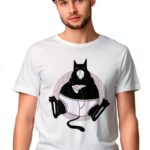 T-shirt Homme Chat Pizza Coton Gris Blanc Noir Taille S L XL-0