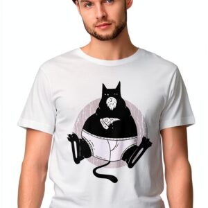 T-shirt Homme Chat Pizza Coton Gris Blanc Noir Taille S L XL-0