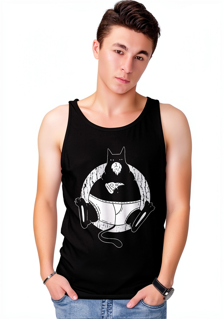 T-shirt Homme Chat Pizza porté dans un cadre décontracté en terrasse