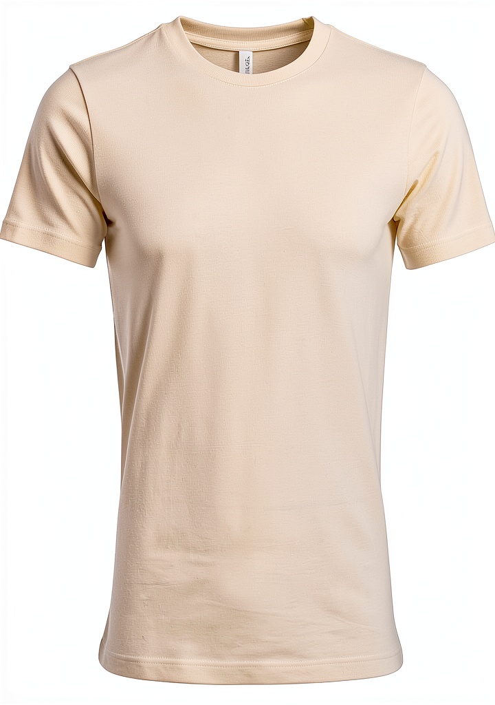 T-shirt Bella Canvas 100 coton manche courte lavage machine posé sur une table en bois, vu de côté