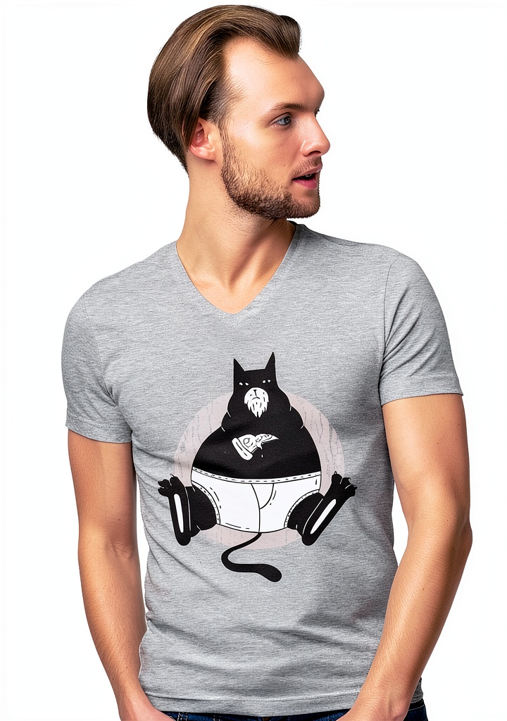 T-shirt chat pizza en coton porté par un homme souriant