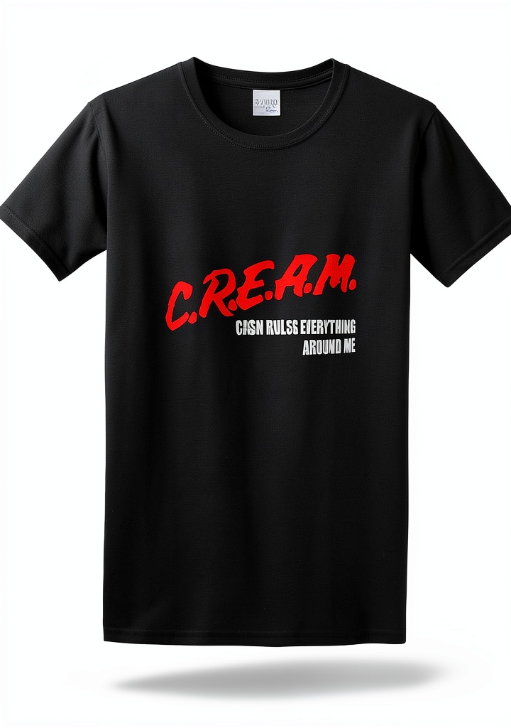 T-shirt graphique noir posé sur une table en bois, mise en scène d’été