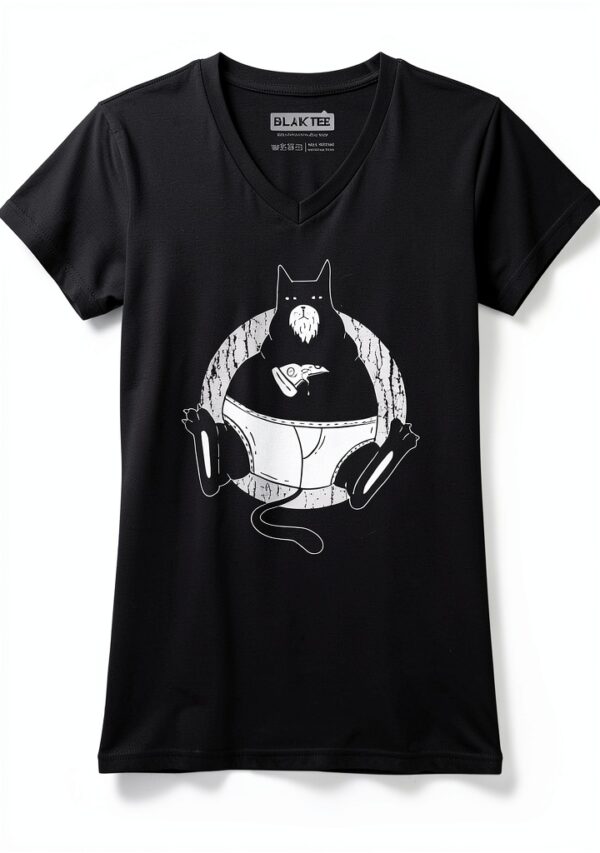 BLAK TEE Femme T-Shirt V-Neck Chat Obèse Pizza Blanc-1