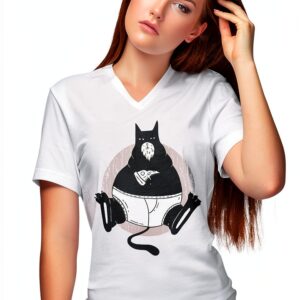 BLAK TEE Femme T-shirt V-Neck Chat Obèse Pizza Blanc XXL-0