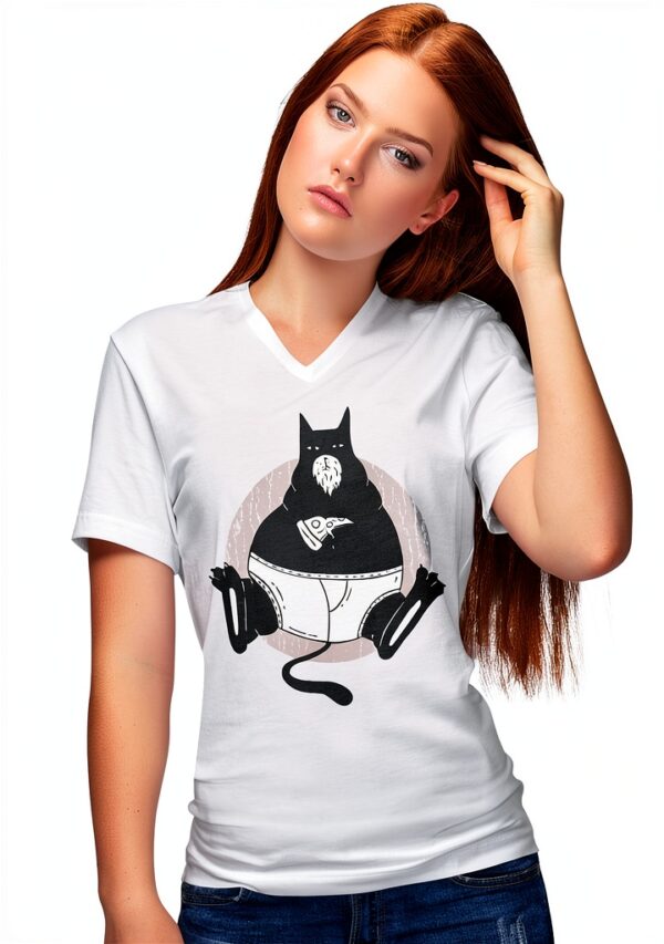 BLAK TEE Femme T-shirt V-Neck Chat Obèse Pizza Blanc XXL-0