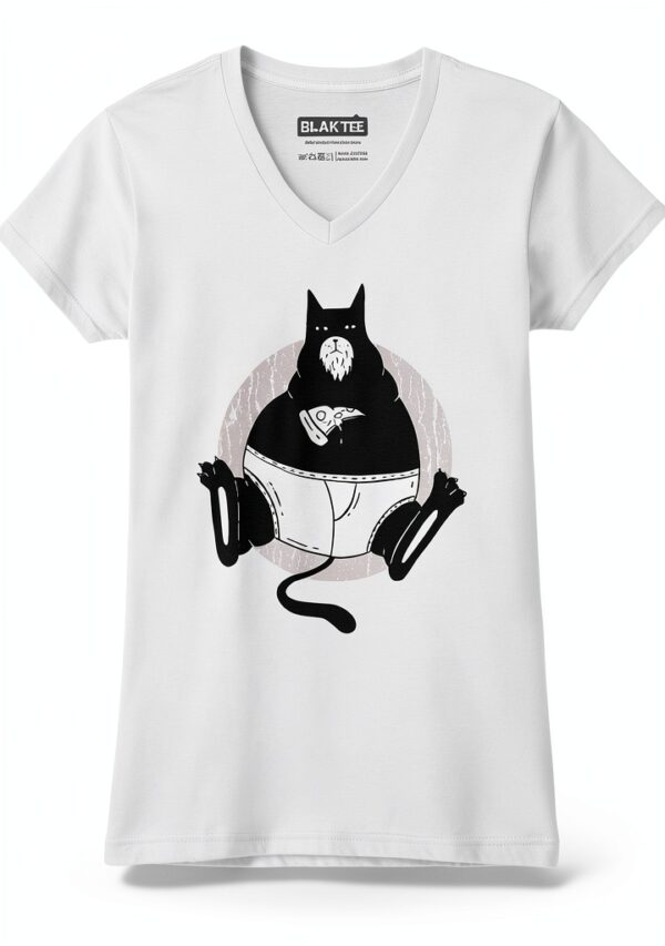 BLAK TEE Femme T-shirt V-Neck Chat Obèse Pizza Blanc XXL-1