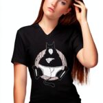 BLAK TEE Femme T-Shirt V-Neck Chat Obèse Pizza Blanc-0