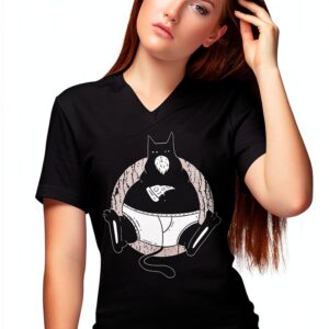 BLAK TEE Femme T-Shirt V-Neck Chat Obèse Pizza Blanc-0