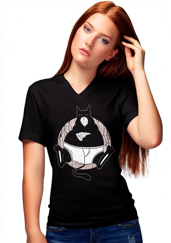 BLAK TEE Femme T-Shirt V-Neck Chat Obèse Pizza Blanc-0