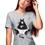 BLAK TEE Femme T-Shirt V-Neck Chat Obèse Pizza Blanc-0
