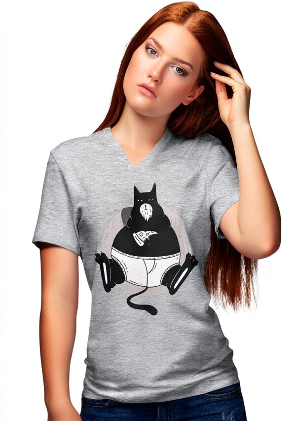 BLAK TEE Femme T-Shirt V-Neck Chat Obèse Pizza Blanc-0
