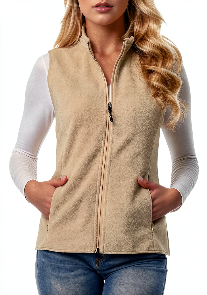 Manteau sans manches femme porté en situation urbaine sur un trottoir enneigé