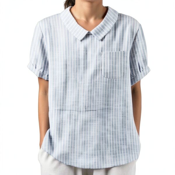 Chemise femme en coton‑lin respirant – Grande taille, poches – Bleu-3