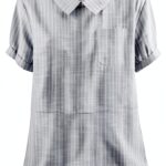 Chemise femme en coton‑lin respirant – Grande taille, poches – Bleu-0