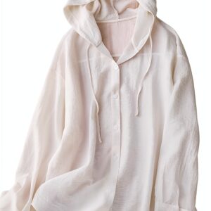 Haut à capuche en coton et lin pour femme - Léger à manches longues - Protection solaire - Style décontracté et confortable - Boutonné - Pour sports de plein air-0