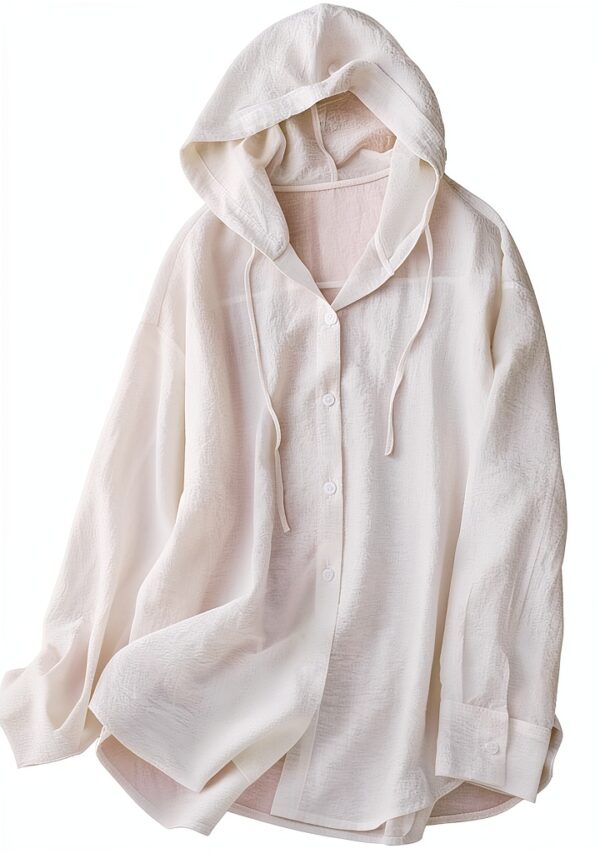 Haut à capuche en coton et lin pour femme - Léger à manches longues - Protection solaire - Style décontracté et confortable - Boutonné - Pour sports de plein air-0