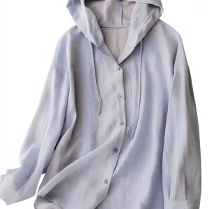 Haut à capuche en coton et lin pour femme - Léger à manches longues - Protection solaire - Style décontracté et confortable - Boutonné - Pour sports de plein air-0