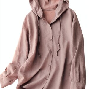 Haut à capuche en coton et lin pour femme - Léger à manches longues - Protection solaire - Style décontracté et confortable - Boutonné - Pour sports de plein air-0